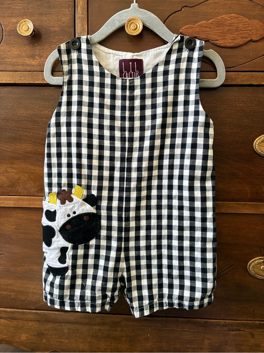 Lil Cactus Black & White Gingham Cow Appliqué Romper